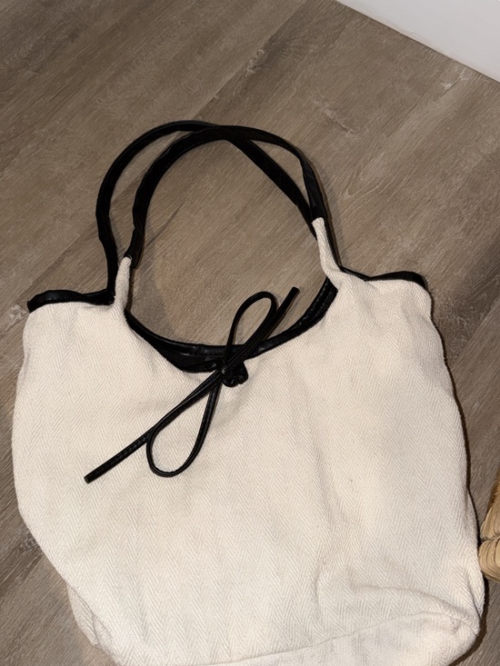 Handbags - Canvas Tote Bag with Black Trim - Elegant Neutral Shoulder Bag